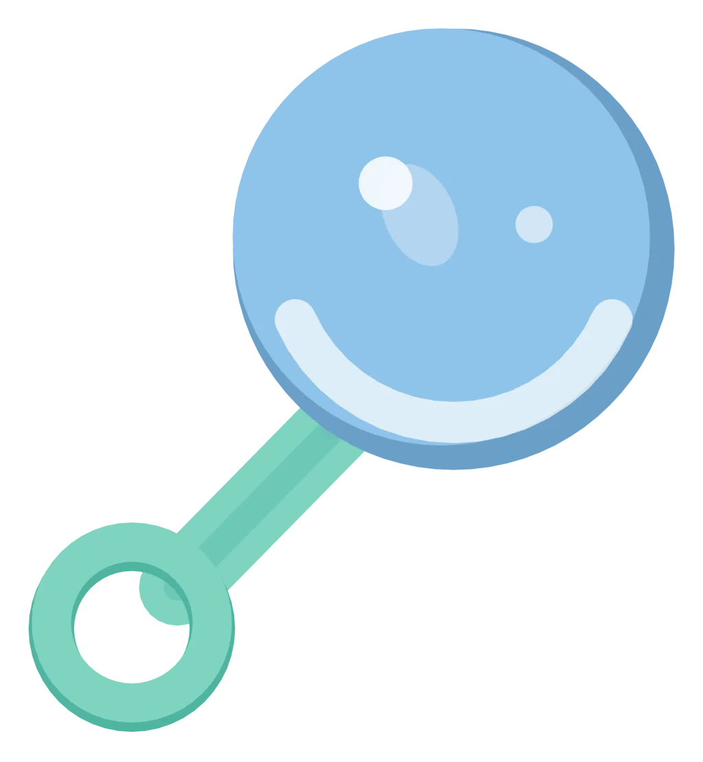 A pastel blue and mint baby rattle with a round head, a handle and a ring at the base.