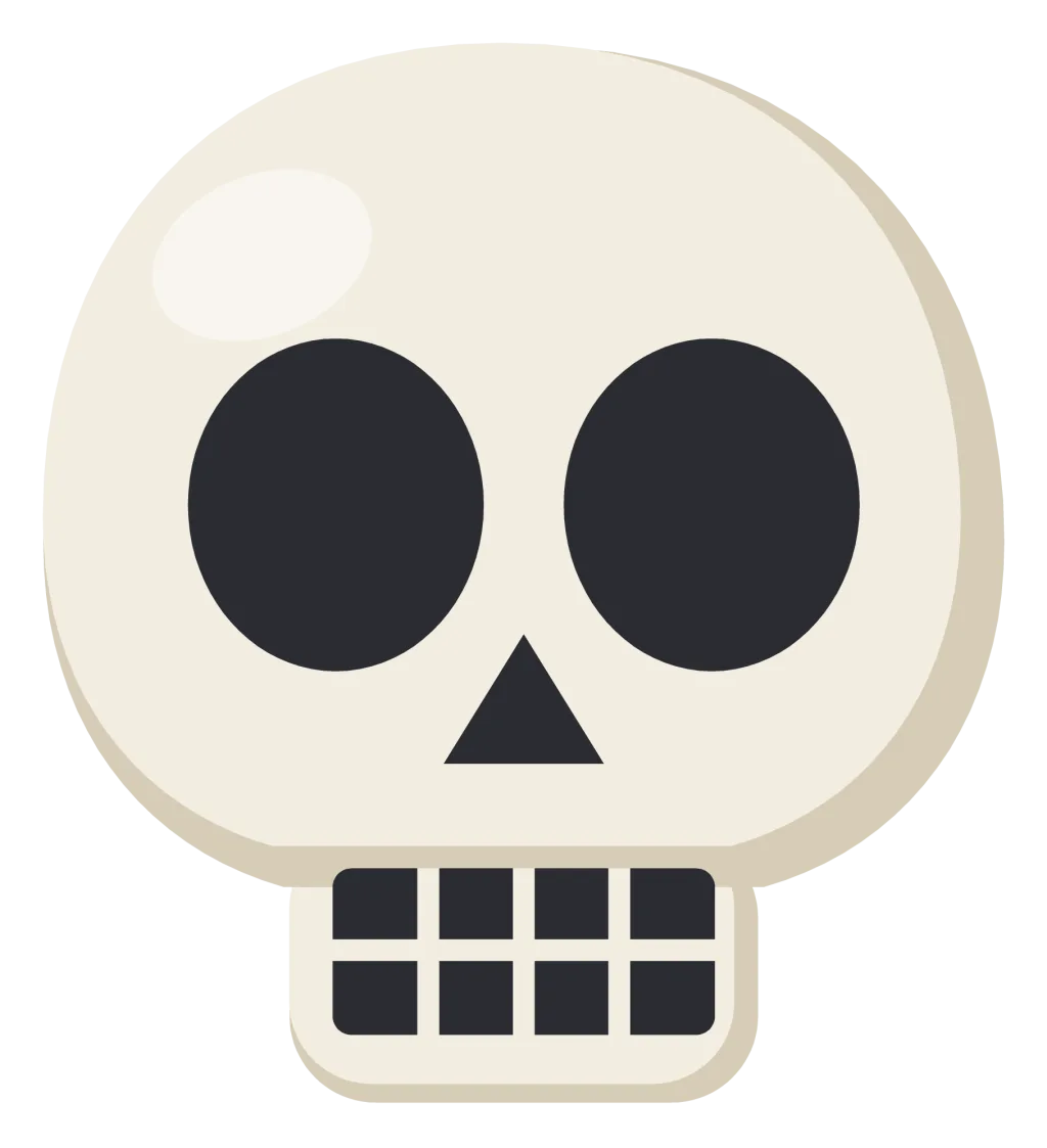 A front-facing cartoon skull in cream white, with large dark eye sockets, a small triangular nose and a row of square teeth.