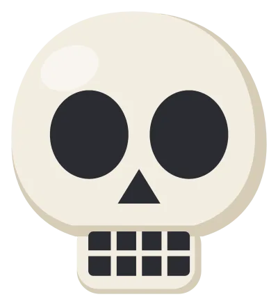 A front-facing cartoon skull in cream white, with large dark eye sockets, a small triangular nose and a row of square teeth.