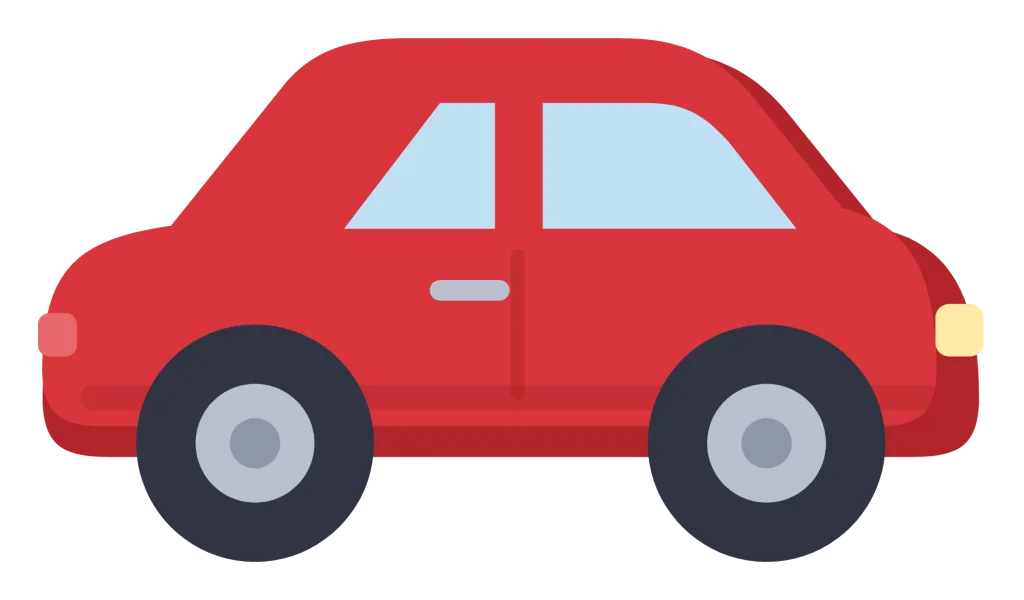 A red car in side view with tinted windows, silver wheels and a headlight.