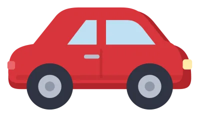A red car in side view with tinted windows, silver wheels and a headlight.