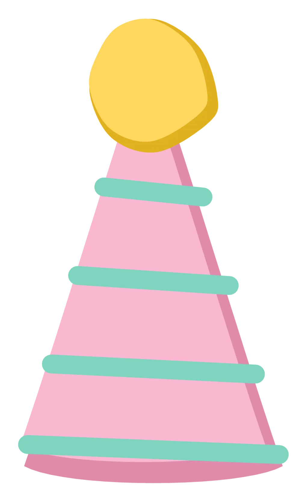 A striped cone party hat in pink and mint with a round yellow pompom on top.