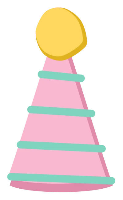 A striped cone party hat in pink and mint with a round yellow pompom on top.