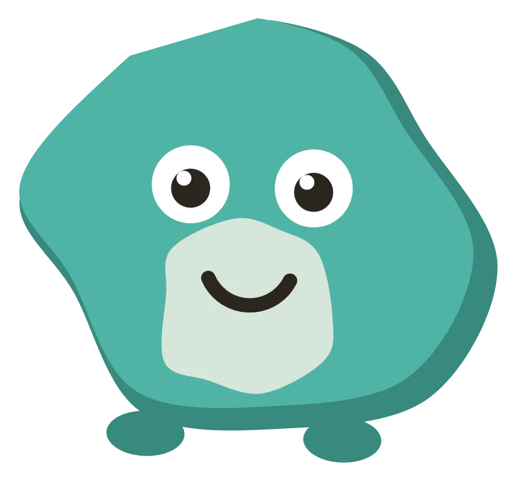 A cheerful teal Snip standing on two short legs, with a pale oval belly and a small closed smile.