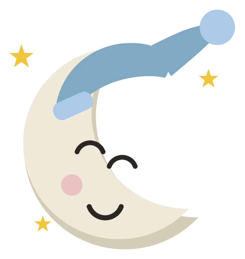 A crescent moon with a sleeping face, a nightcap and three small stars beside it.