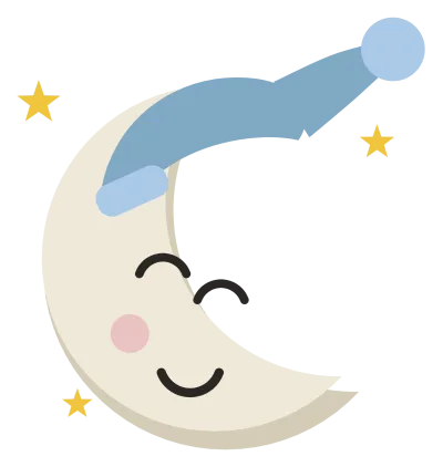 A crescent moon with a sleeping face, a nightcap and three small stars beside it.