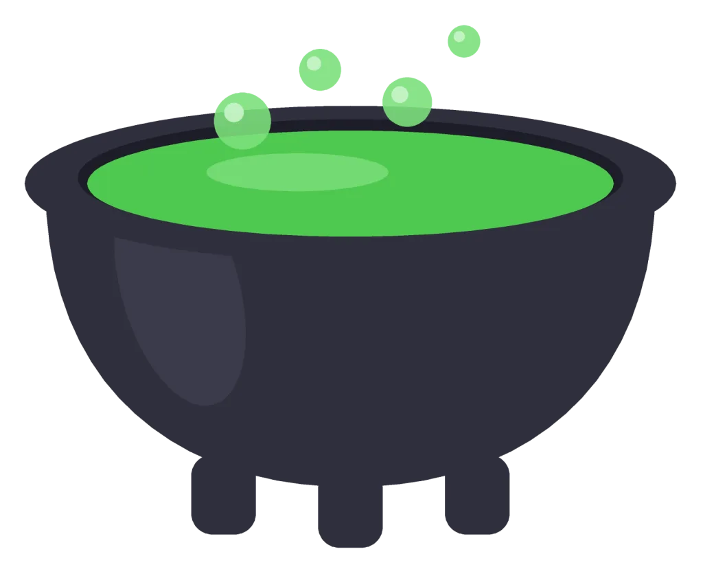 A black cast-iron cauldron on three short legs, filled with bubbling green potion.