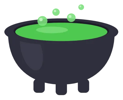 A black cast-iron cauldron on three short legs, filled with bubbling green potion.