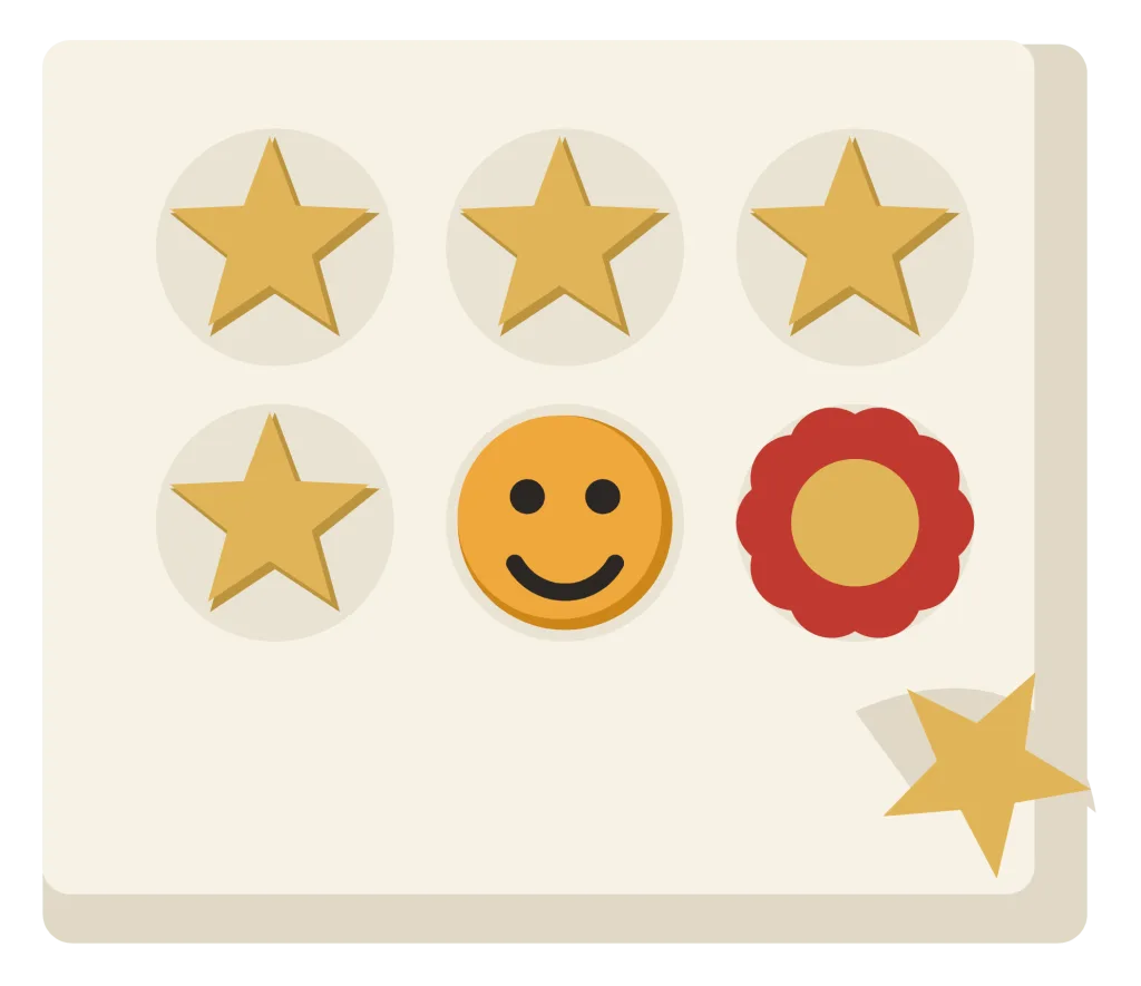 A sheet of reward stickers with gold stars, a smiling face and a rosette, one peeling up at the corner.