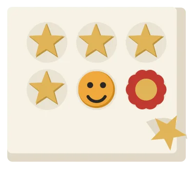 A sheet of reward stickers with gold stars, a smiling face and a rosette, one peeling up at the corner.