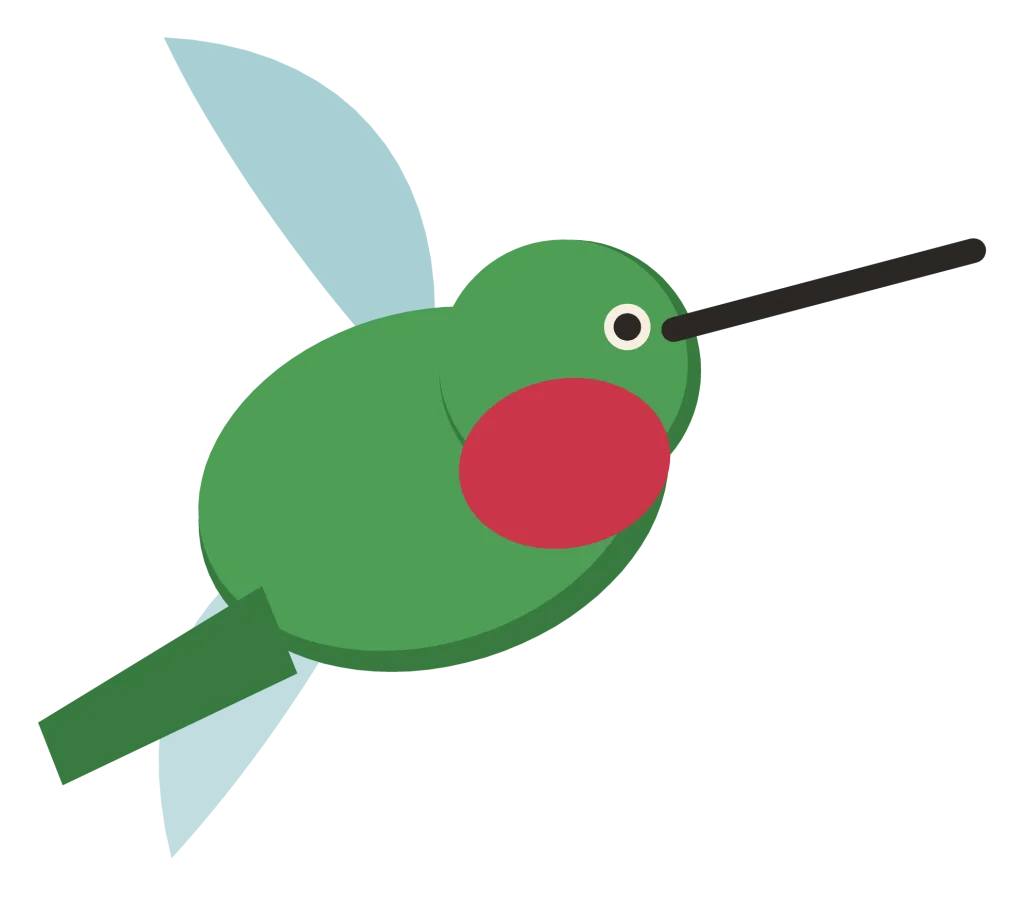 A green hummingbird hovering in the air, with a long needle beak and wings blurred into arcs.