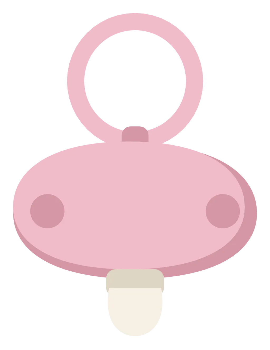 A pastel pink pacifier with a round shield, a ring handle and a pale teat.