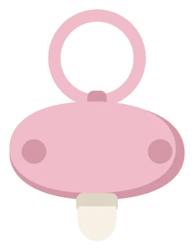 A pastel pink pacifier with a round shield, a ring handle and a pale teat.