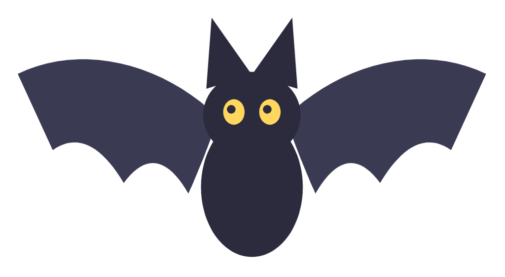A black bat in flight with spread scalloped wings, pointed ears and small white eyes.
