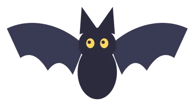 A black bat in flight with spread scalloped wings, pointed ears and small white eyes.