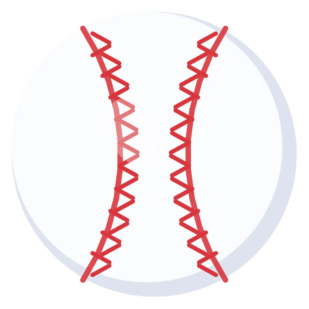 A white baseball with two curved rows of red stitching.
