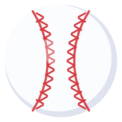 A white baseball with two curved rows of red stitching.