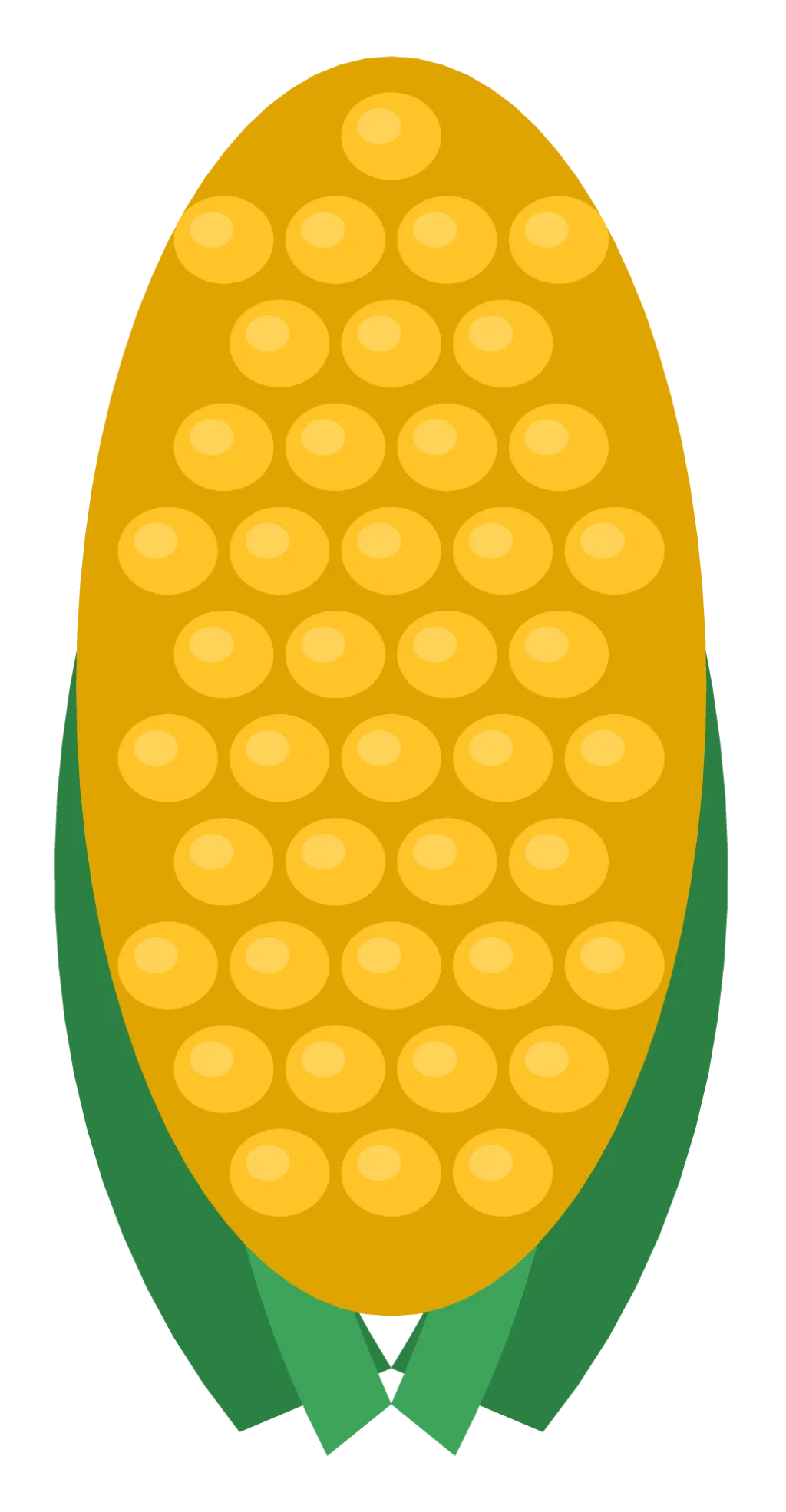 A yellow ear of corn with rows of round kernels and two green husk leaves folded back at the base.