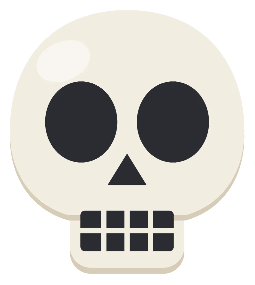 A front-facing cartoon skull in cream white, with large dark eye sockets, a small triangular nose and a row of square teeth.