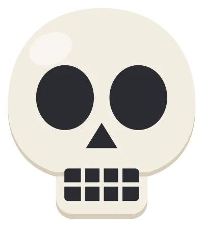 A front-facing cartoon skull in cream white, with large dark eye sockets, a small triangular nose and a row of square teeth.
