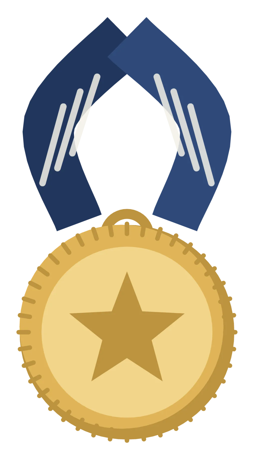 A gold medal on a striped ribbon, with a star in the middle and a milled edge.