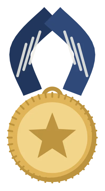 A gold medal on a striped ribbon, with a star in the middle and a milled edge.