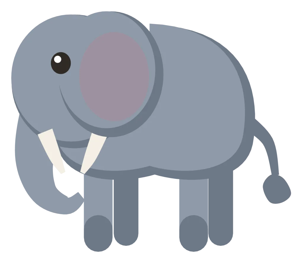 A grey elephant in side view with a curled trunk, a large ear and small white tusks.