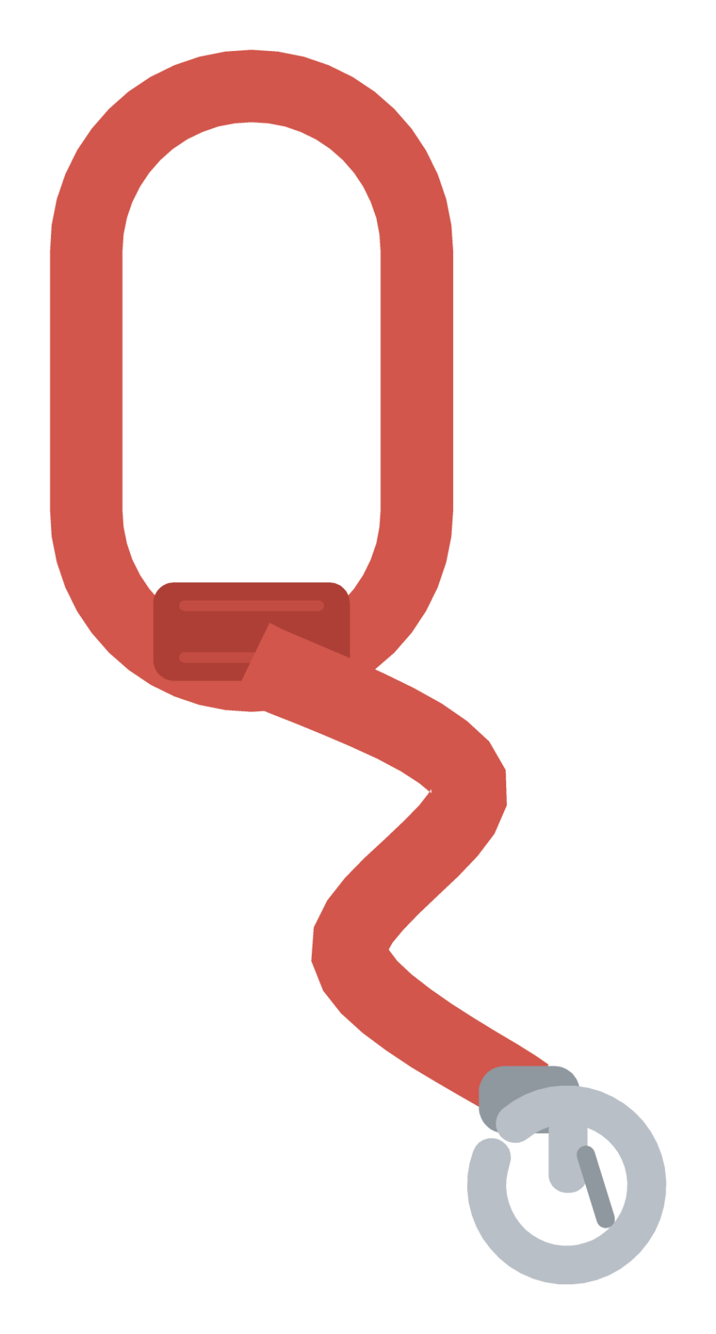 A red dog leash hanging in a loop, with a fabric handle at the top and a metal clip at the end.