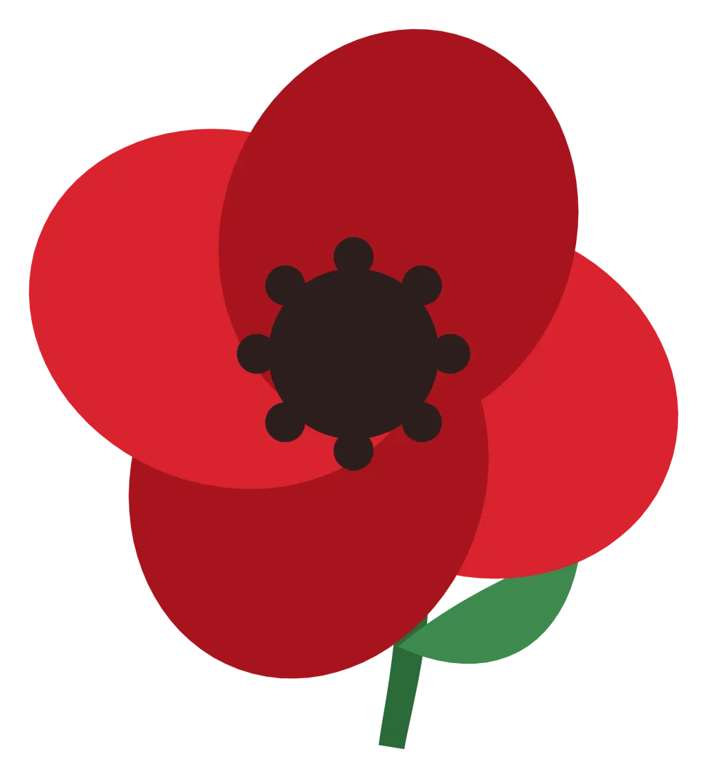 A single red remembrance poppy with four petals, a dark centre and a green leaf.