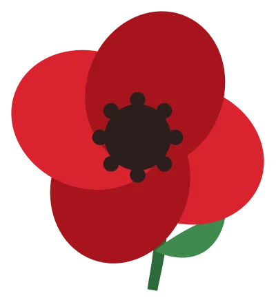 A single red remembrance poppy with four petals, a dark centre and a green leaf.