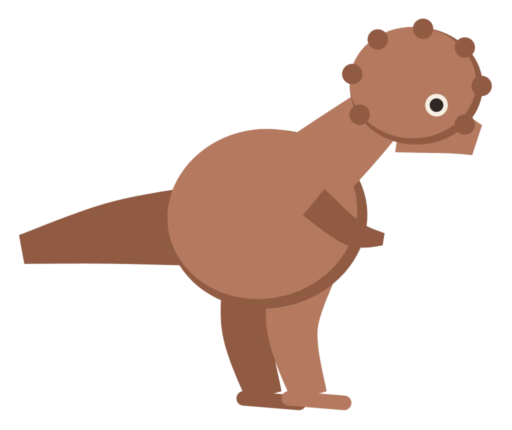 A brown pachycephalosaurus in side view, with a thick domed skull ringed with small bony knobs.