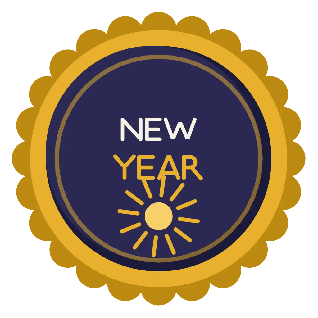 A round gold badge with a scalloped rim reading New Year in two lines above a starburst.