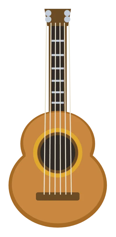 A wooden acoustic guitar seen from the front with a round sound hole, a long fretted neck and six strings.