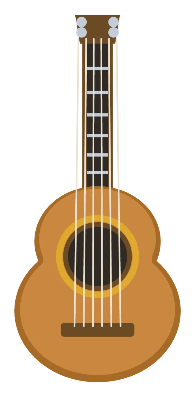 A wooden acoustic guitar seen from the front with a round sound hole, a long fretted neck and six strings.