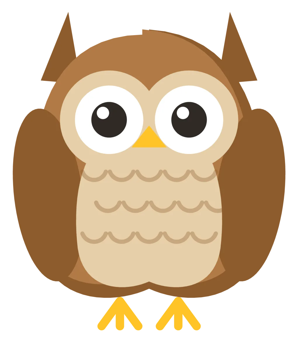A brown cartoon owl seen head on with large round eyes, ear tufts, a small beak and folded wings.