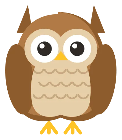 A brown cartoon owl seen head on with large round eyes, ear tufts, a small beak and folded wings.