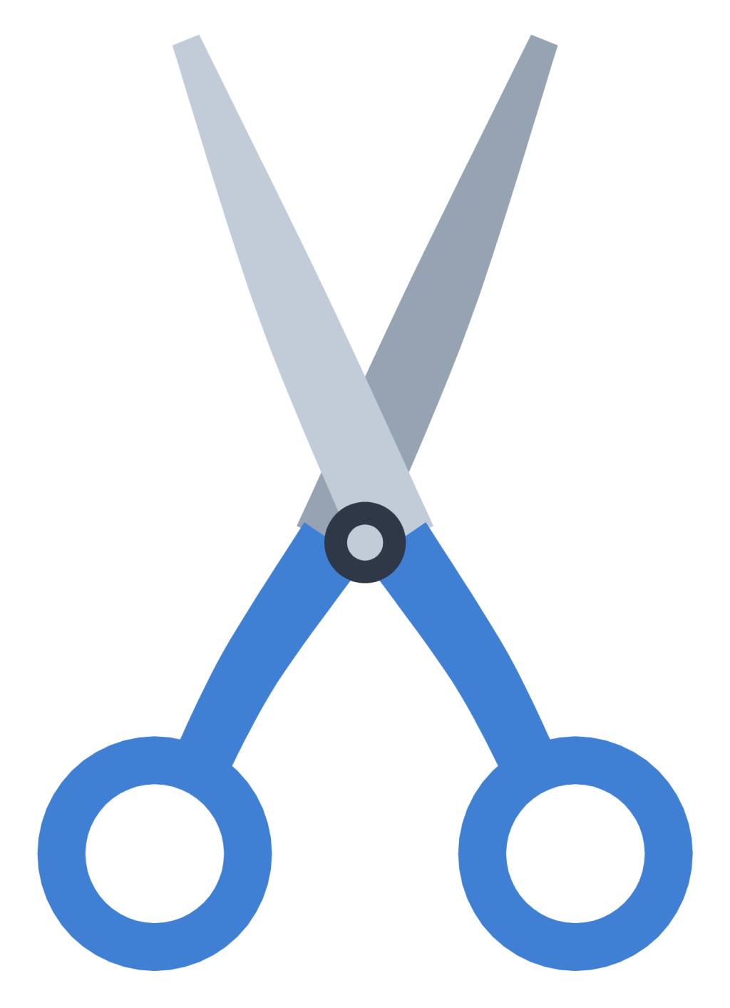 A pair of school scissors with silver blades and blue plastic handle loops.