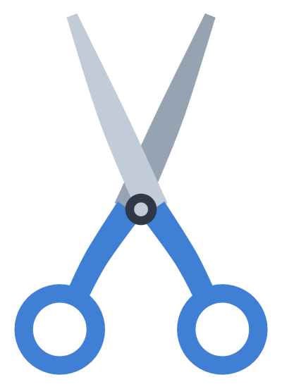 A pair of school scissors with silver blades and blue plastic handle loops.