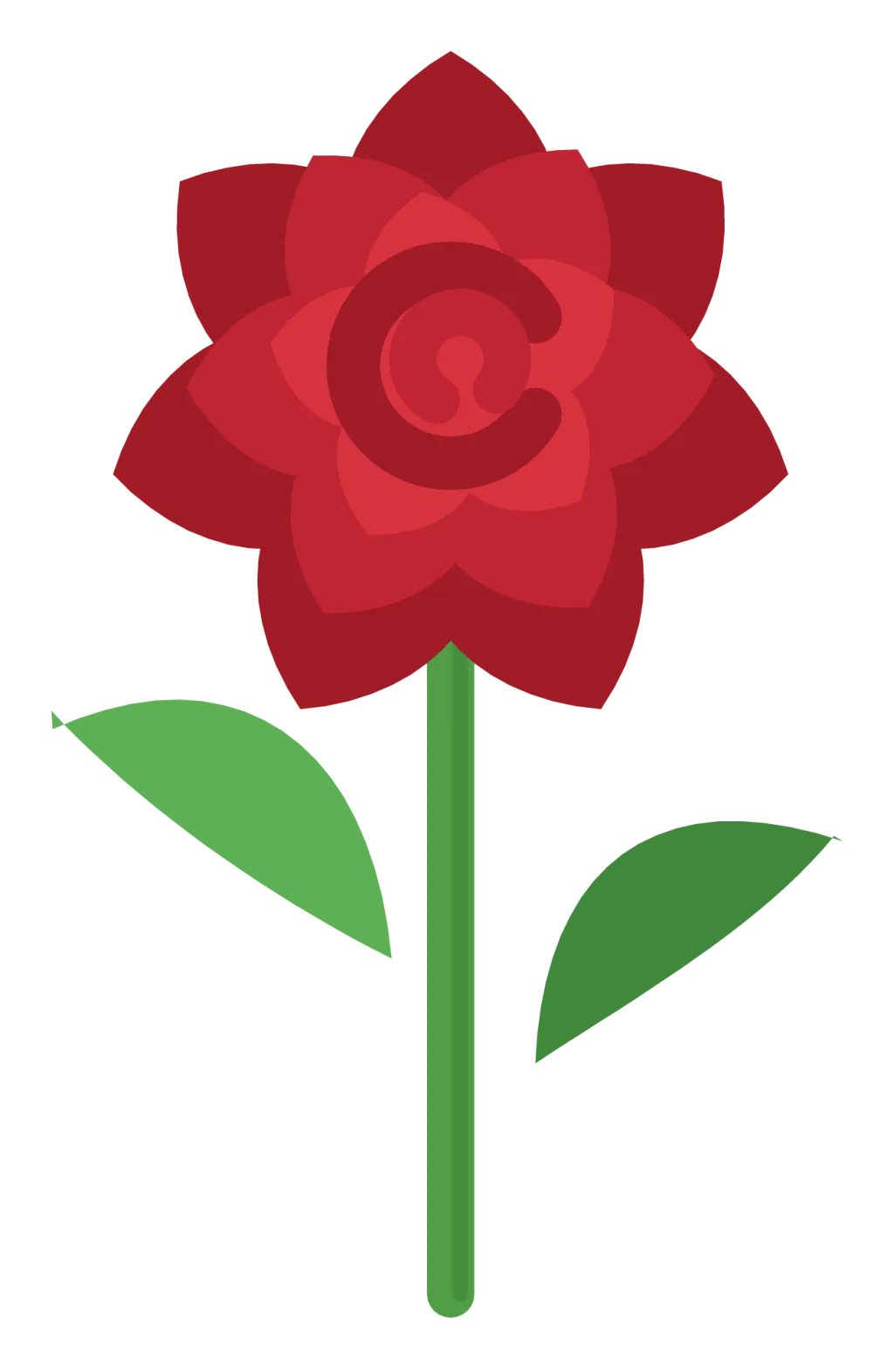A red rose seen from above with spiralling petals, a green stem and two leaves.