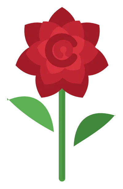 A red rose seen from above with spiralling petals, a green stem and two leaves.