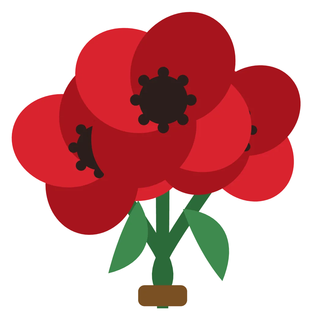 Three red poppies on green stems with leaves, tied together as a spray.
