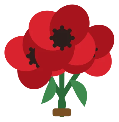 Three red poppies on green stems with leaves, tied together as a spray.