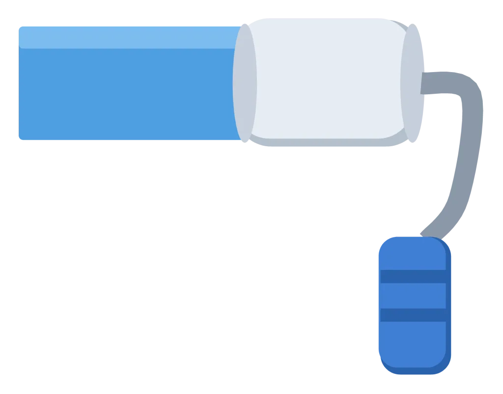 A paint roller with a blue handle and a fresh stripe of paint trailing behind it.
