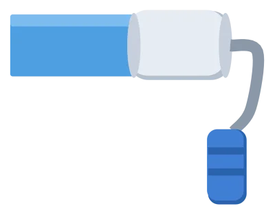 A paint roller with a blue handle and a fresh stripe of paint trailing behind it.