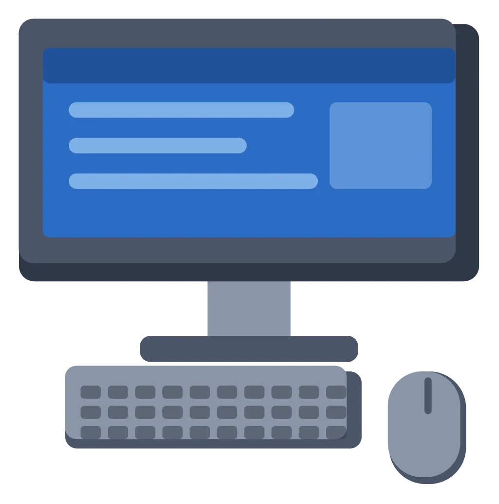 A desktop computer with a widescreen monitor on a stand, a keyboard and a mouse.