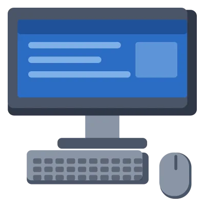 A desktop computer with a widescreen monitor on a stand, a keyboard and a mouse.