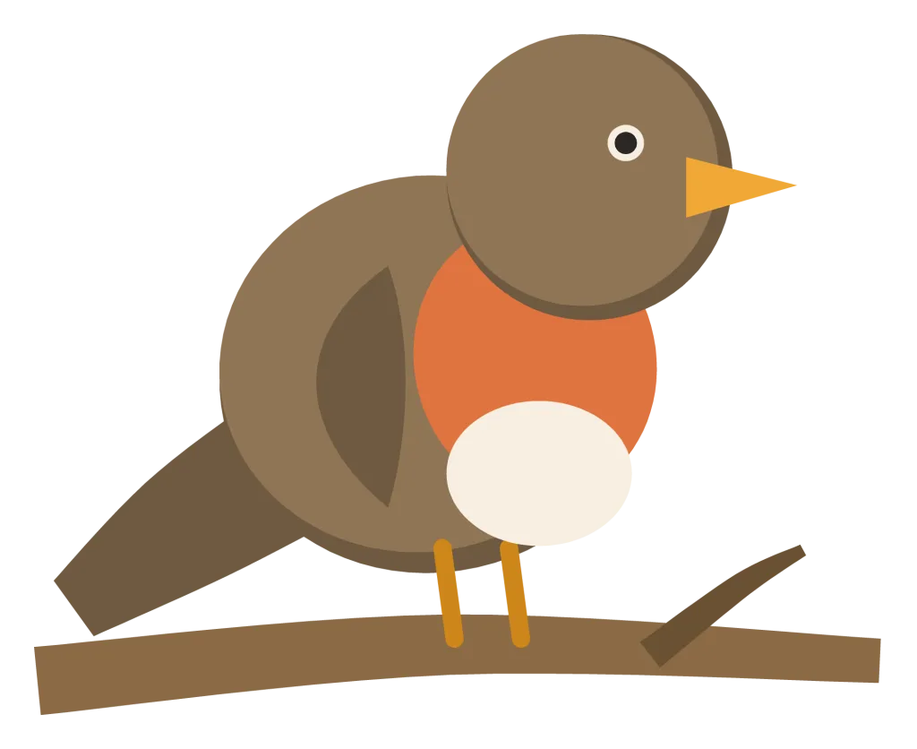 A robin perched on a branch, with a brown back, a round orange-red breast and a pale belly.