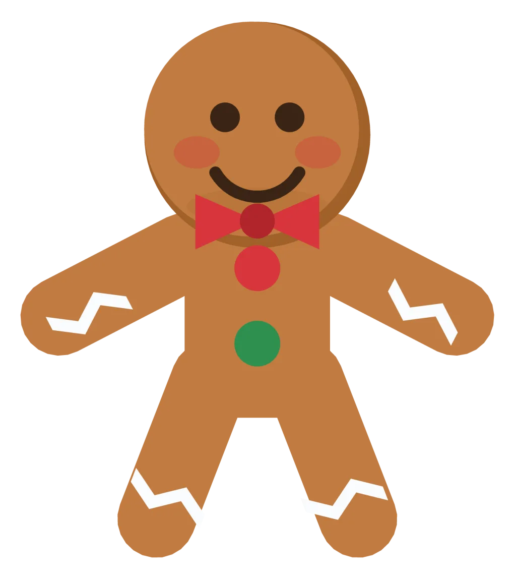 A smiling gingerbread man with white icing trim, two red buttons and a red bow tie.