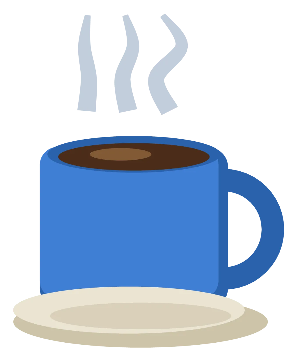 A blue ceramic coffee mug on a saucer, filled with dark coffee and steaming.