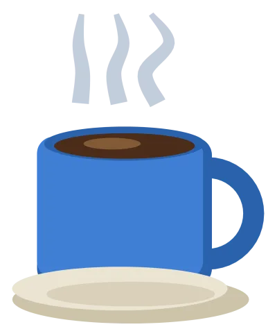 A blue ceramic coffee mug on a saucer, filled with dark coffee and steaming.